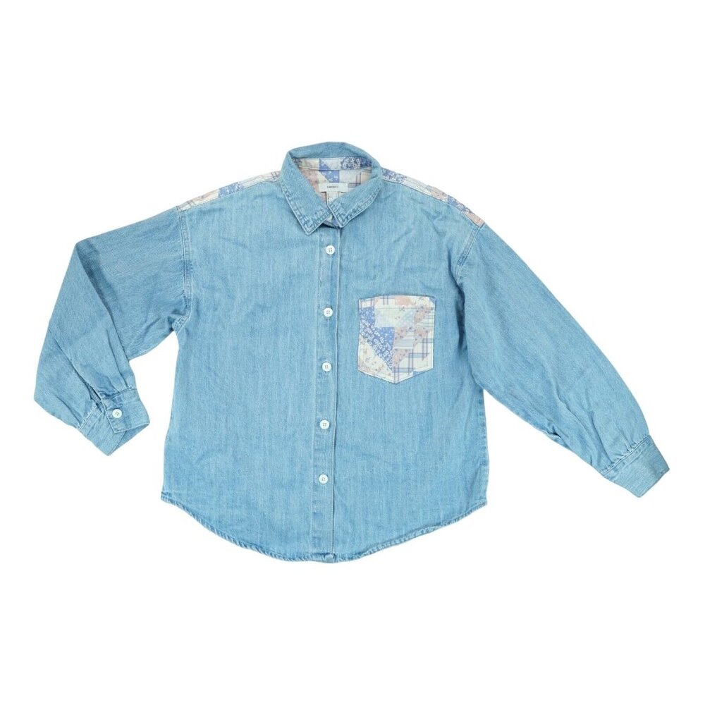 Forever‎ 21 Denim Quilted Patchwork Oversized Shir Blue Western Festival Size S